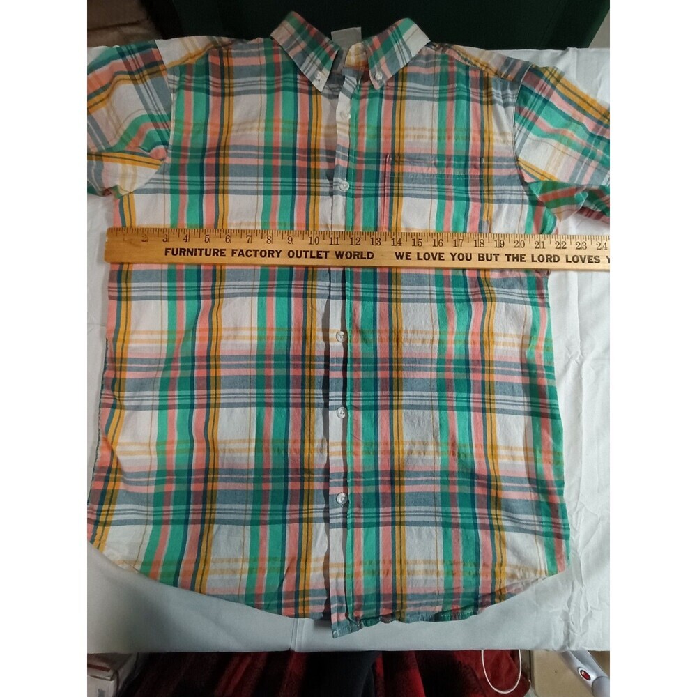 Columbia Mens Large Short Sleeve Plaid Button Down Shirt Teal Blue 100% Cotton - Picture 4 of 16